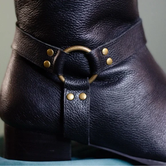 Black Leather Women's Wide Calf Moto Boots - Picture 7 of 9